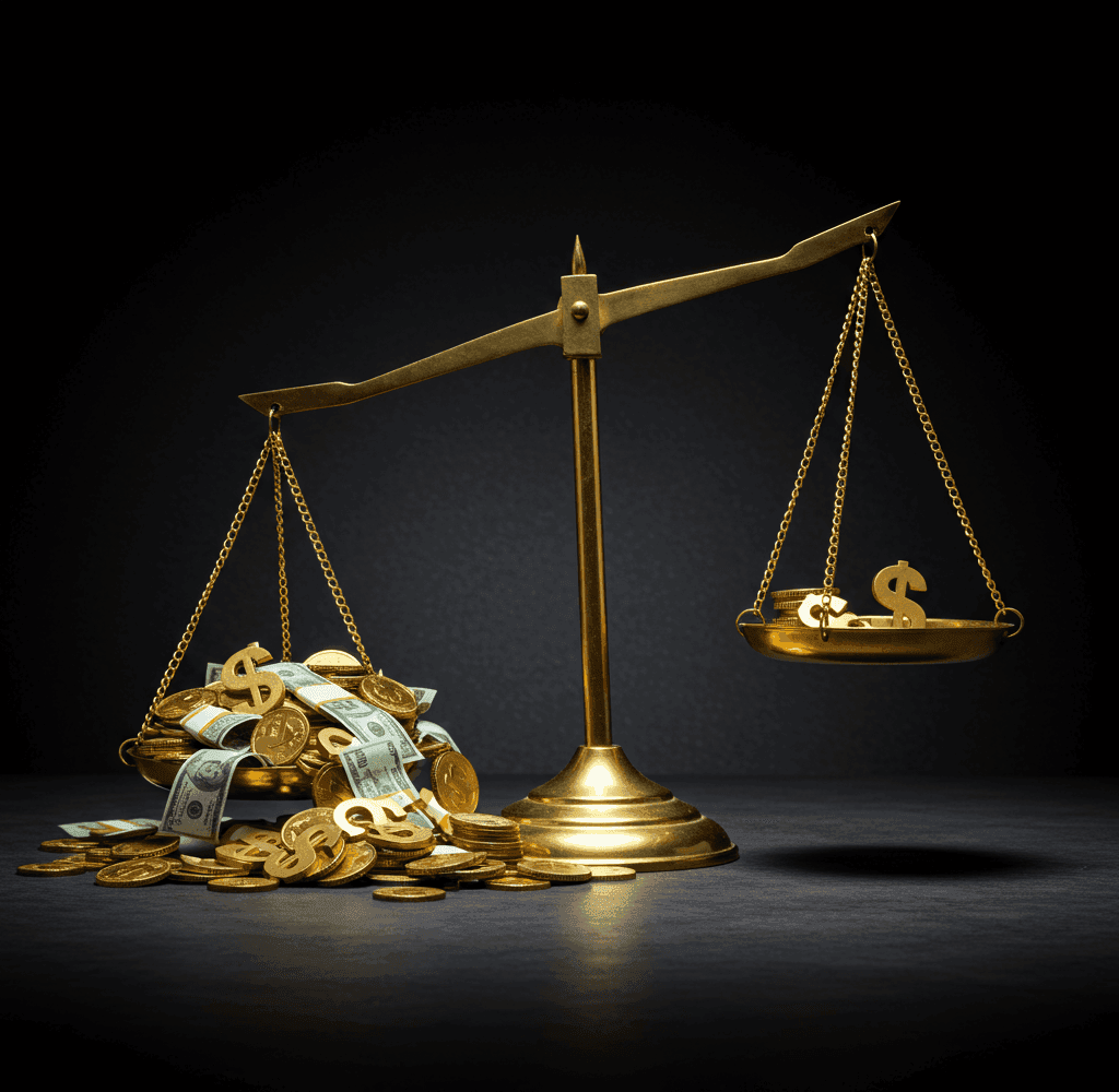 vahy. Unbalanced golden scales of justice symbolizing Trump's tax bill - wealthy gaining thousands of dollars while poor lose hundreds