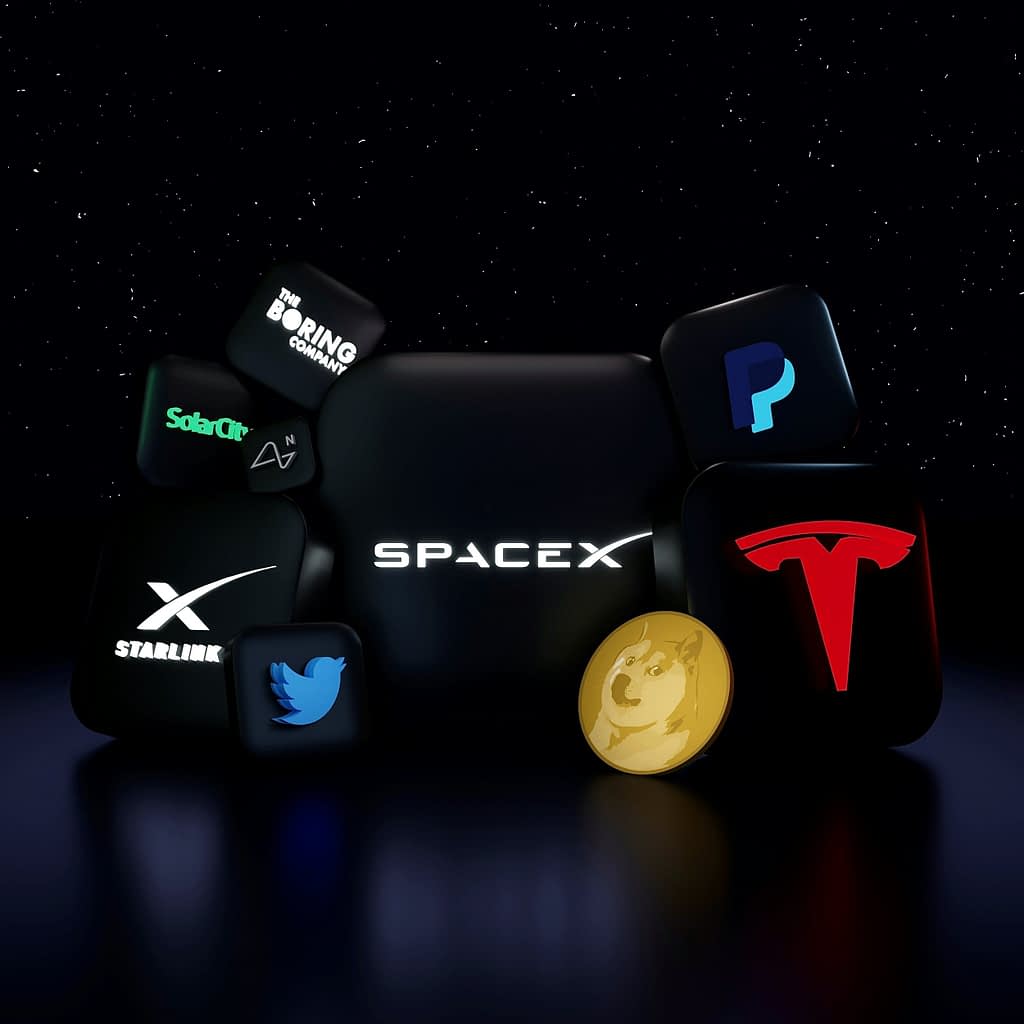 SpaceX Musk companies SpaceX Tesla Twitter Starlink and Dogecoin on dark background symbolizing Trump conflict and tech stock impact