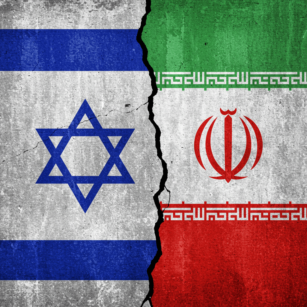 Flags. Trump announces Iran-Israel ceasefire - flags of both countries divided by crack symbolize end of conflict and impact on oil markets