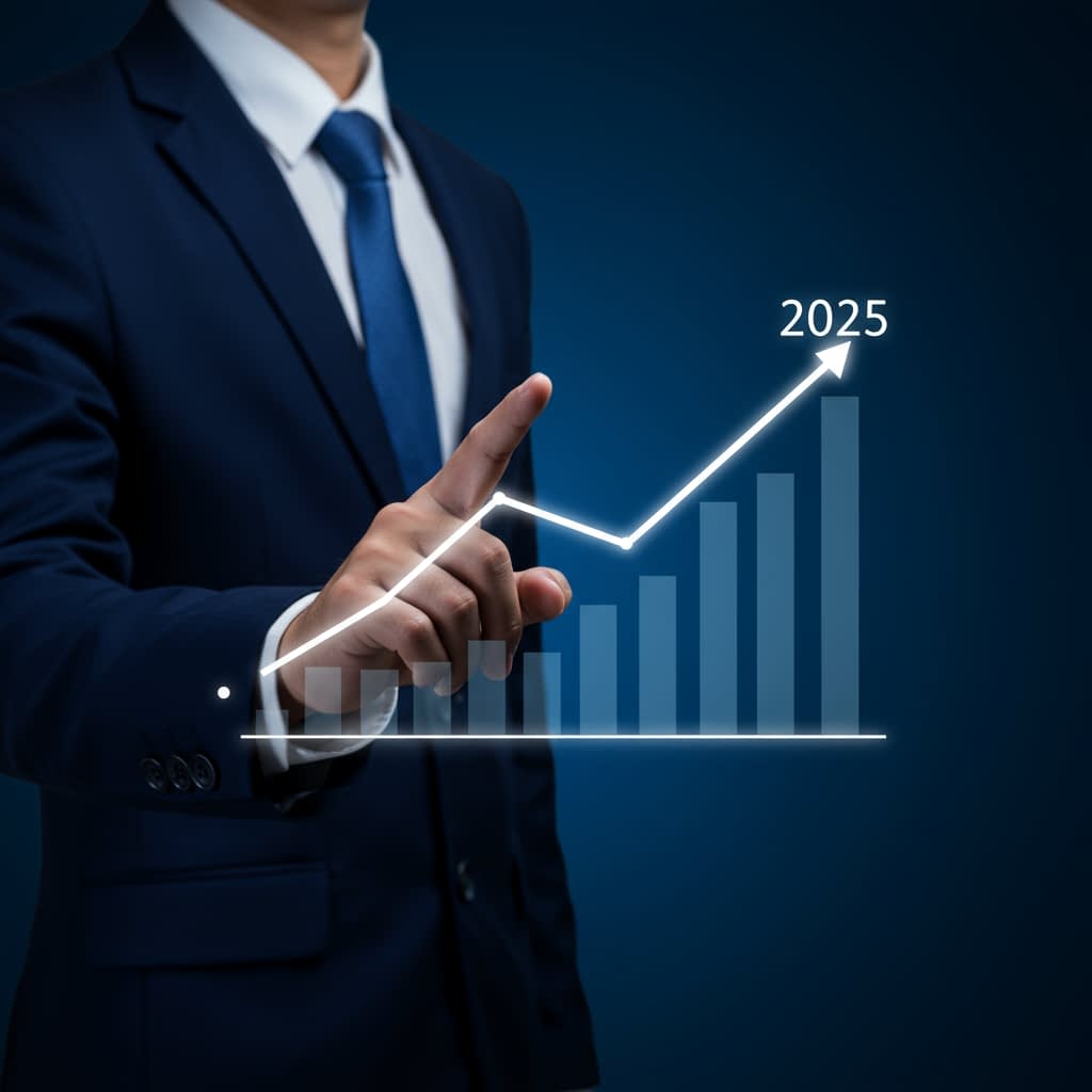 2025 Jak začít investovat v roce 2025 - businessman ukazuje na rostoucí graf s rokem 2025