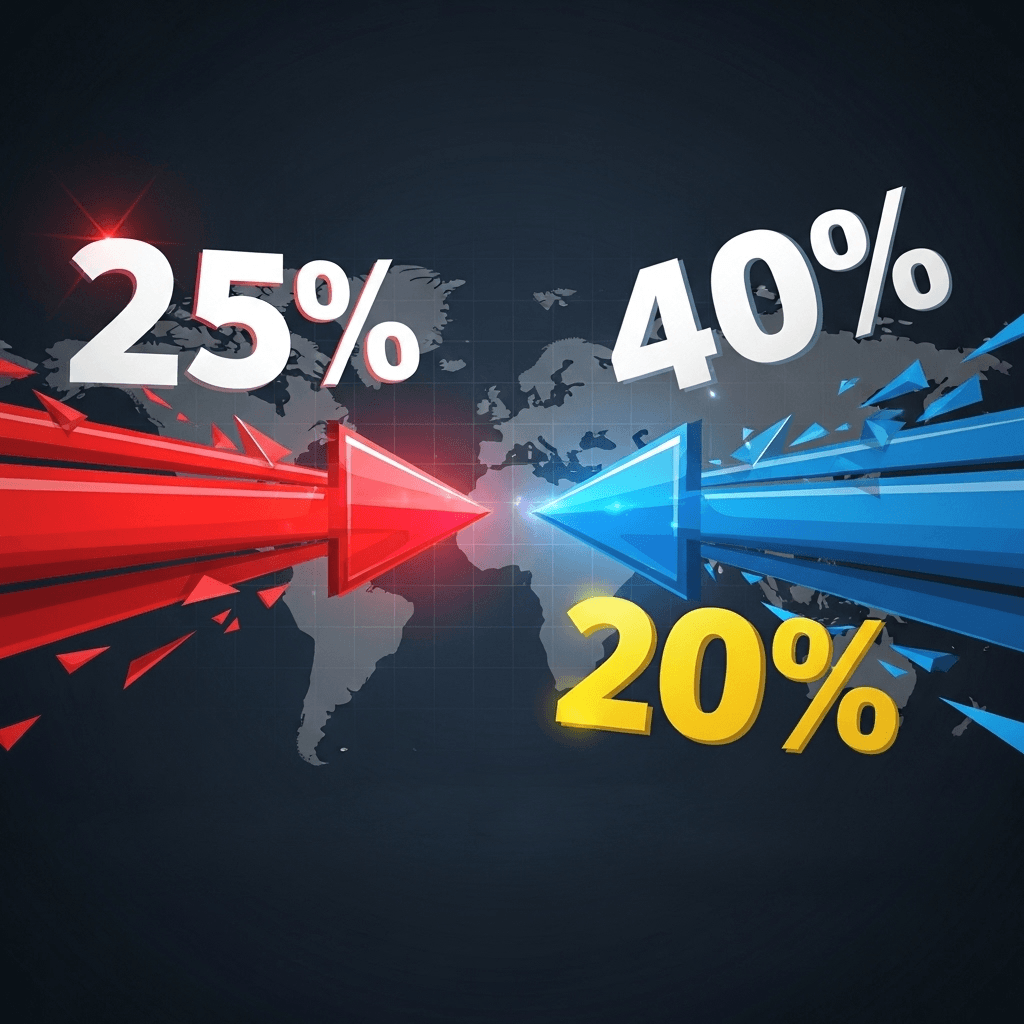 Trade war Illustration of 25% and 40% trade tariffs on world map representing Trump's tariff policy