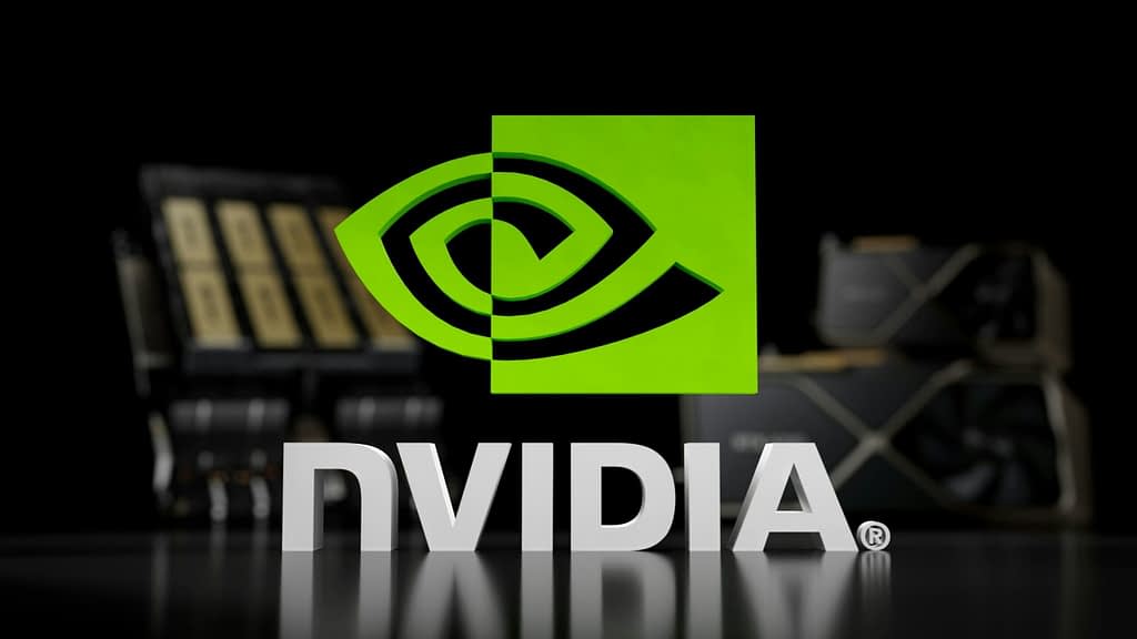 Nvidia Nvidia company logo with distinctive green eye symbol in office setting before earnings release and stock analysis