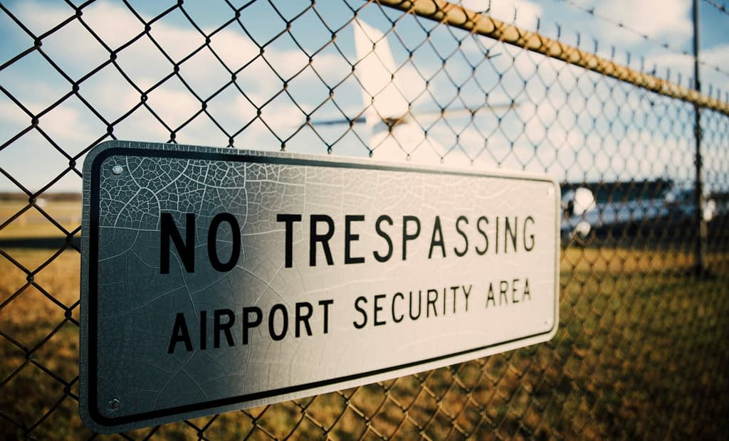No trespassing Airport security area no trespassing sign illustrating US travel ban and immigration restrictions policy