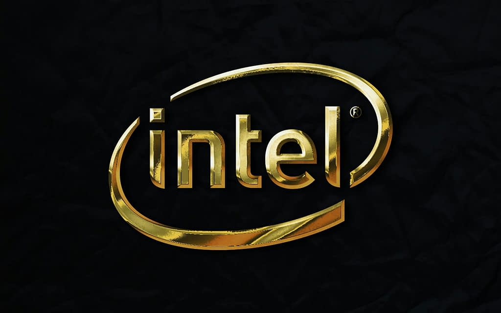Intel logo in gold on a black background.