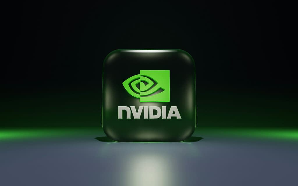 3D Nvidia logo with signature green design on dark background representing AI technologies and investment opportunities