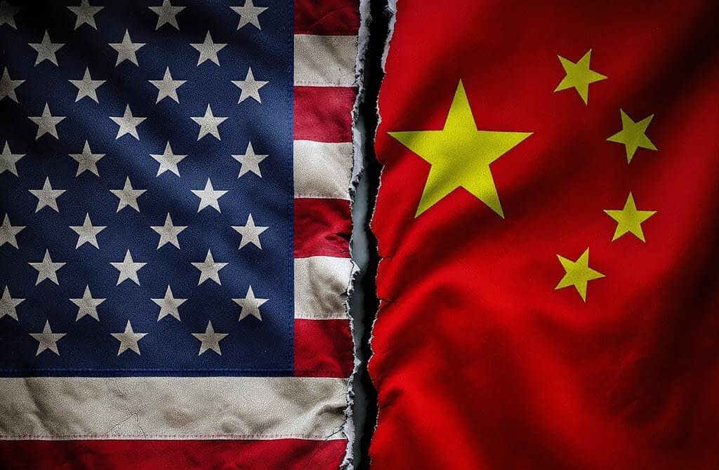 USA & China American and Chinese flags divided by crack symbolizing trade negotiations and geopolitical tensions between superpowers