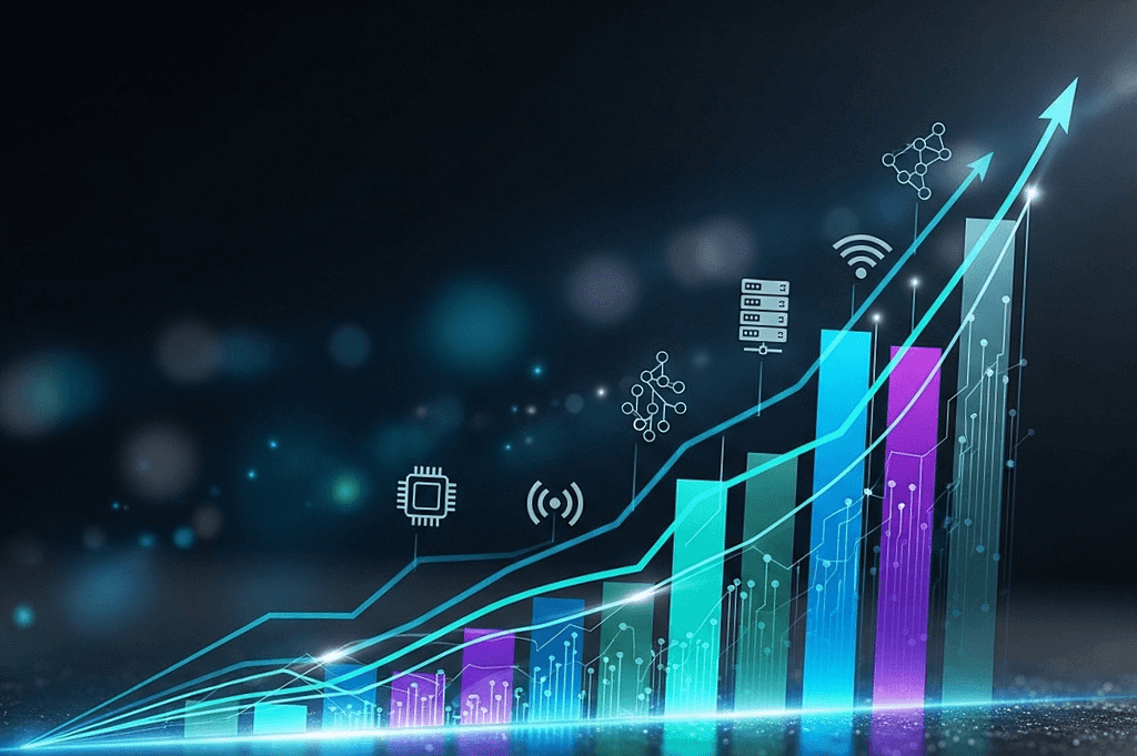 Tech. A stylized image of a glowing AI brain made of circuits, set against a background of stock market charts, representing the analysis of top-performing tech stocks in H1 2025.