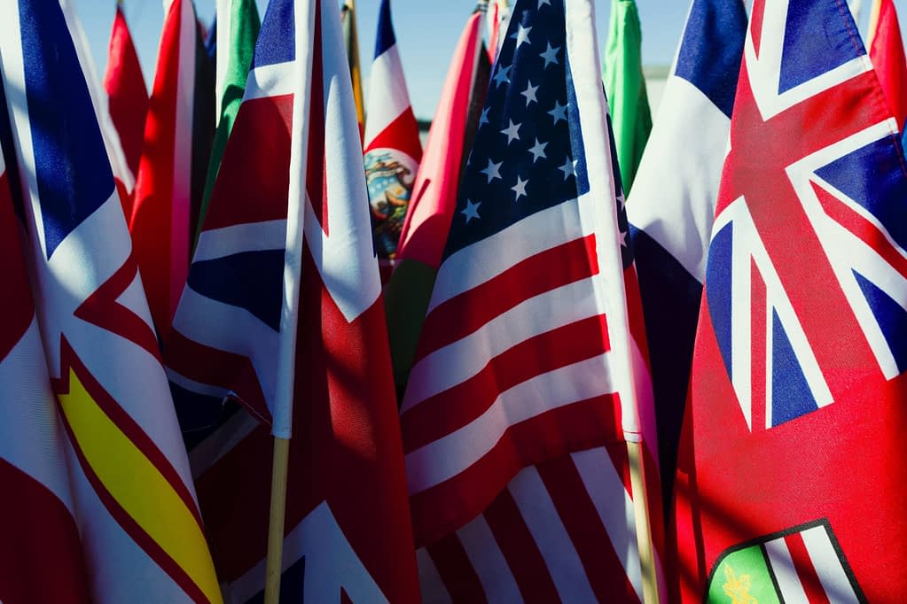 Flags International flags of G7 countries at Trump summit - symbol of trade negotiations and geopolitical tensions