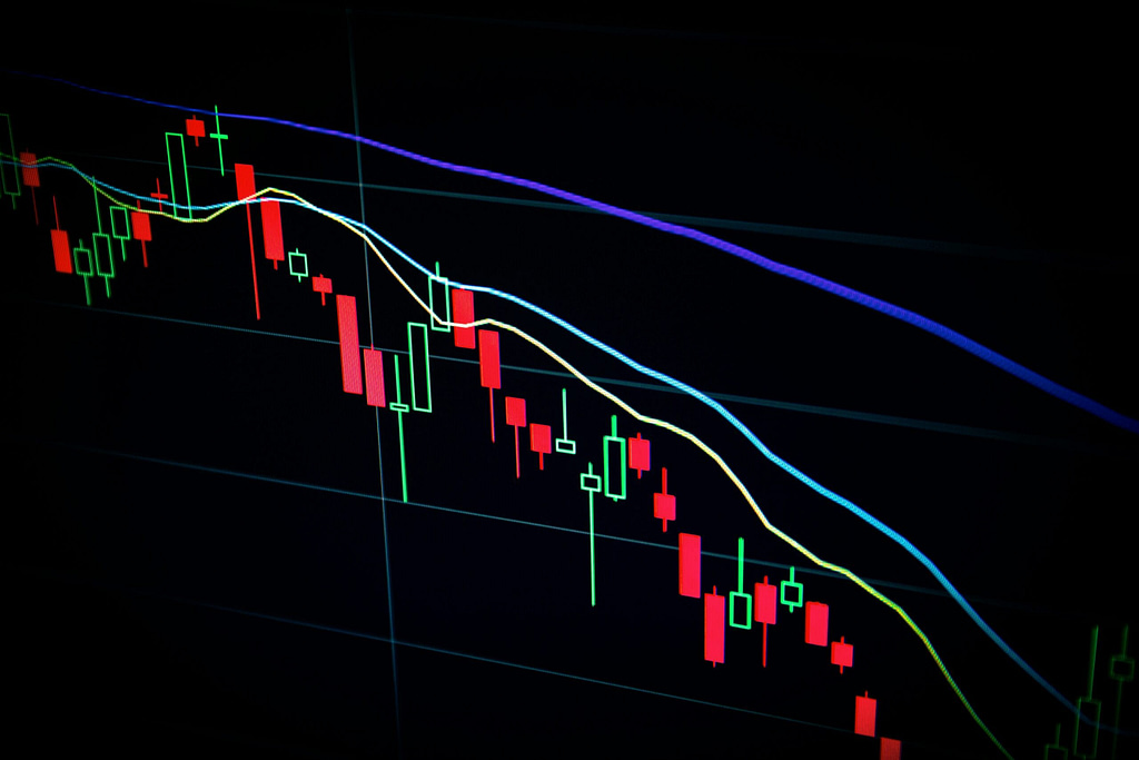 Stagflation charts A chart with declining candlestick patterns and moving averages, illustrating a drop in financial markets or cryptocurrency.