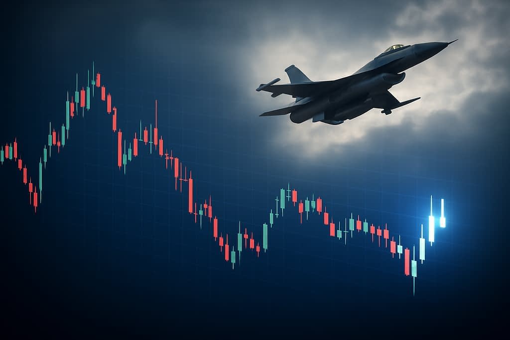 Changes in stock prices visualised in a chart with green and red. In the background, there is a military plane flying.