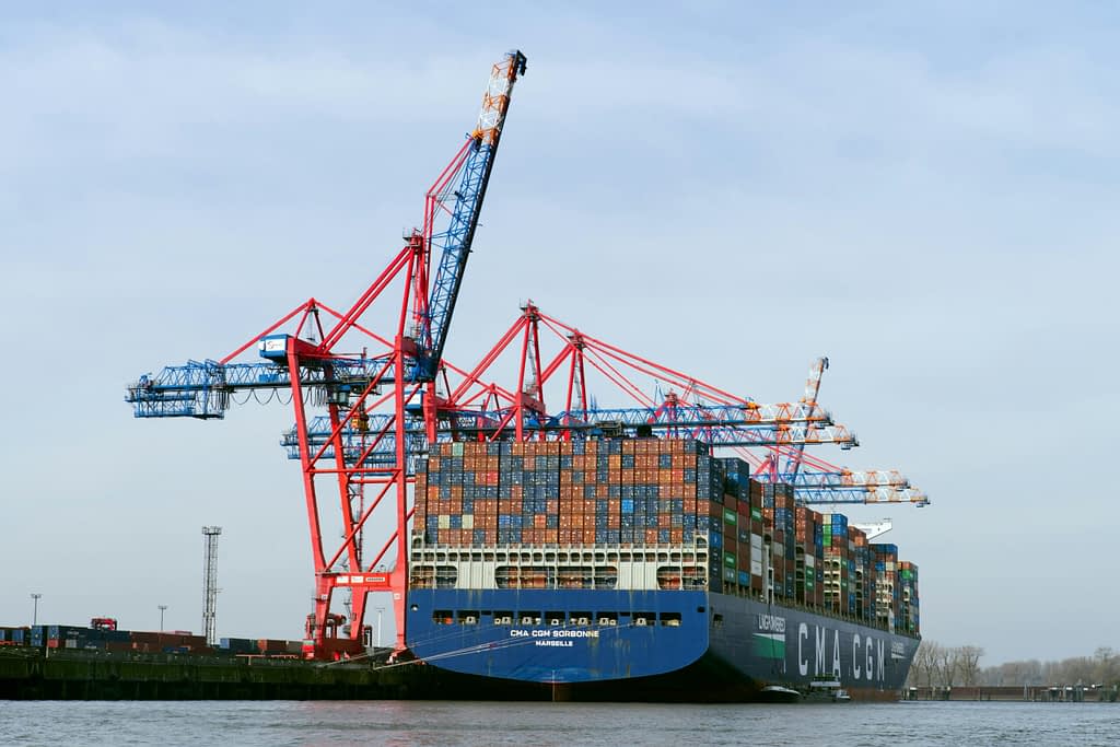 Shipping goods Container ship in port - symbol of international trade after Trump tariffs blocked