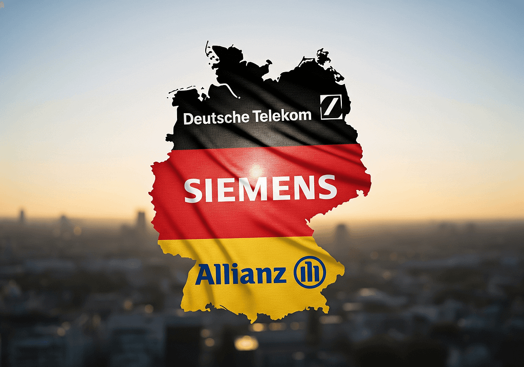 Deuch companies Map of Germany with flag and logos of Deutsche Telekom, Siemens and Allianz symbolizing German companies and investments