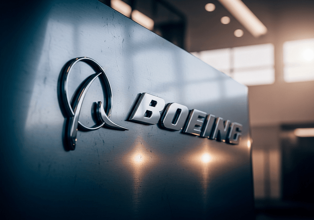 Boeing logo on metal corporate building wall as first strike in 29 years threatens F-47 contract worth 20 billion dollars