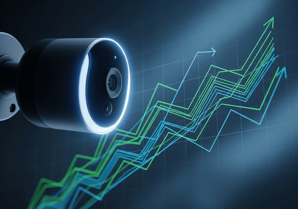Verisure security camera with rising financial charts symbolizing 20 billion euro IPO growth on European stock markets