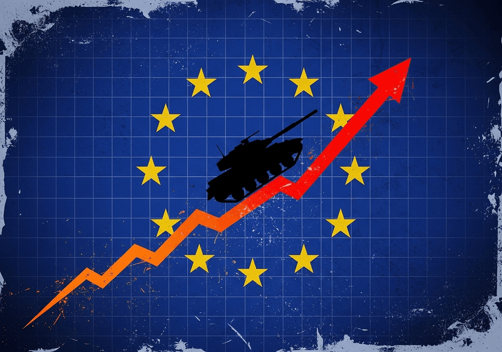 EU weaponry European defense growth per Bank of America - EU flag with tank and rising chart symbolizing defense industry boom