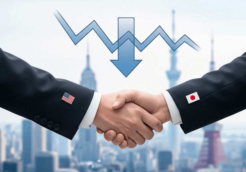Tariffs. Trump Japan trade deal: American and Japanese negotiators handshake with declining tariffs chart against urban skyline backdrop