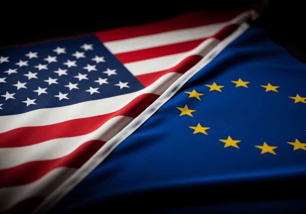 USA vs EU American and European flags representing Trump's trade war with 30% tariffs against EU and impact on global markets