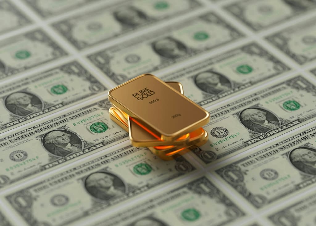 Gold and Dollars Pure Gold bars on US dollar bills symbolizing investment opportunities during USD weakness - gold as protection against dollar decline
