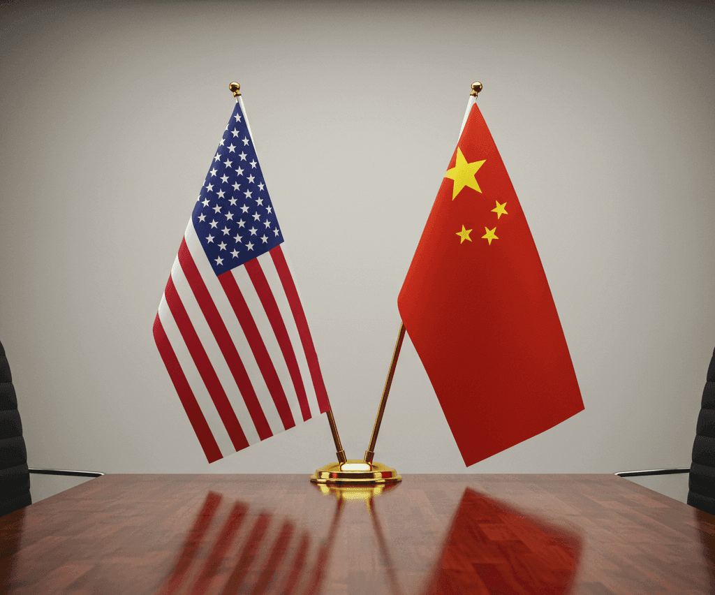 Flags American and Chinese flags symbolizing Trump's trade agreements between USA and China
