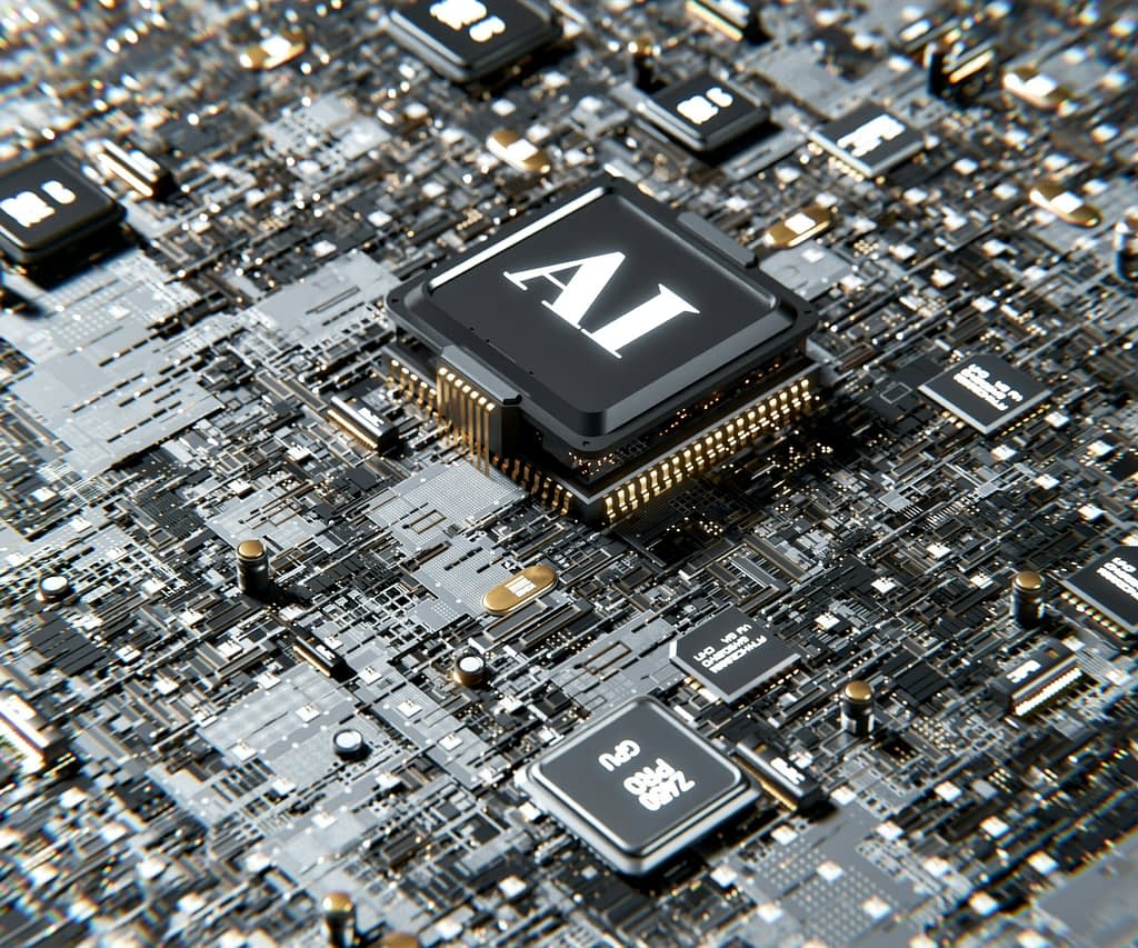 AI chip AI chip on computer motherboard symbolizing Nvidia and AMD semiconductors for Chinese market and technology export controls
