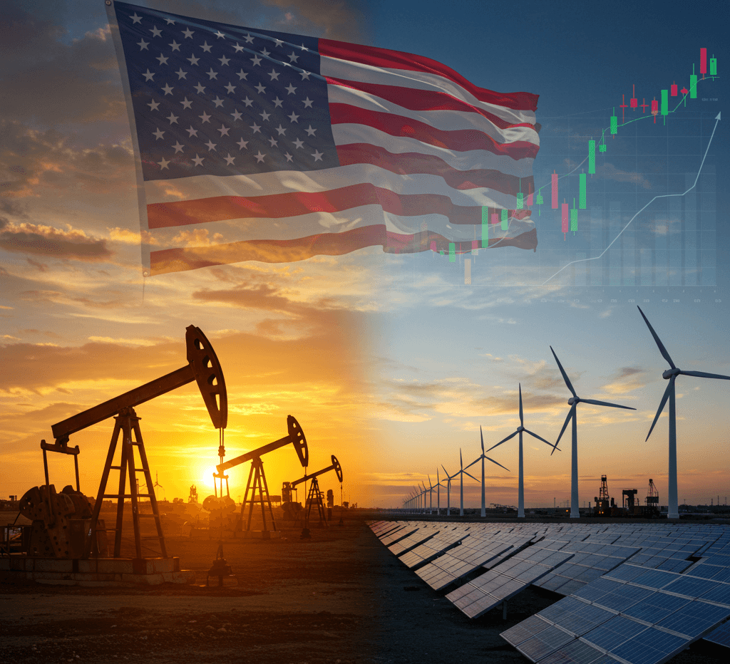 oil vs wind. Trump BBB law transforms American energy policy - oil pumps versus solar panels and wind turbines with stock market charts and US flag