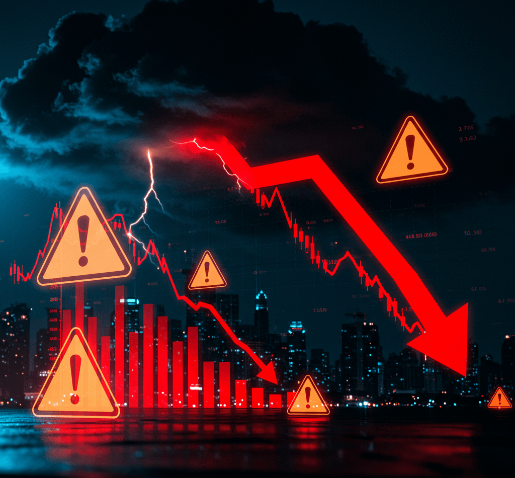 Charts down Financial market correction warning with red declining charts, warning signs and storm clouds over city skyline - S&P 500 bubble risk analysis